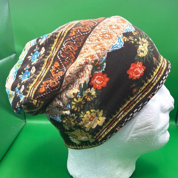 Boho Floral Slouchy Beanie Chemo Hat Turban Cap Patchwork Print Hippie Knit - Picture 4 of 9
